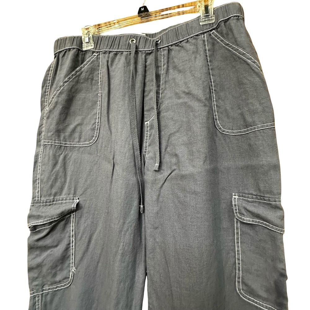 Nicole Miller 100% Linen Cargo Pants Gray XL Elastic Waist Joggers New - Picture 4 of 12